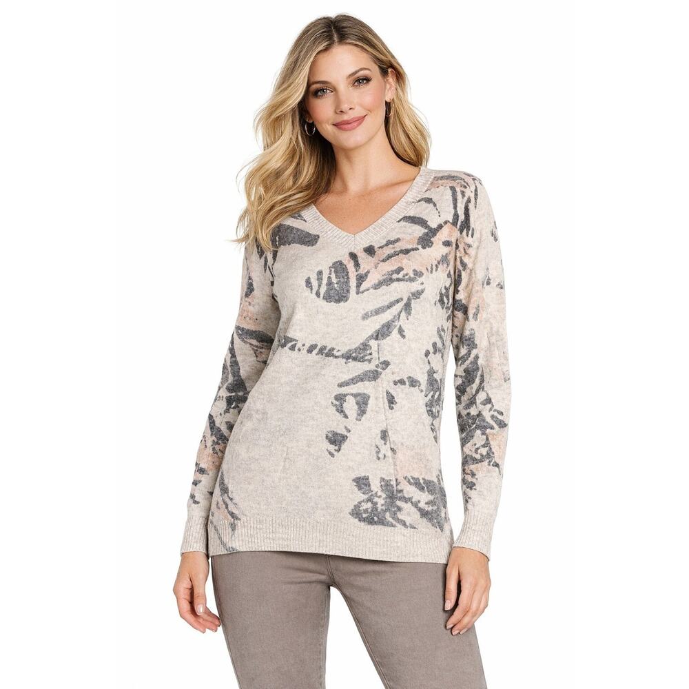 Nic+Zoe Women’s Petite PP Foothill V-Neck Cotton Sweater Abstract Print NWOT